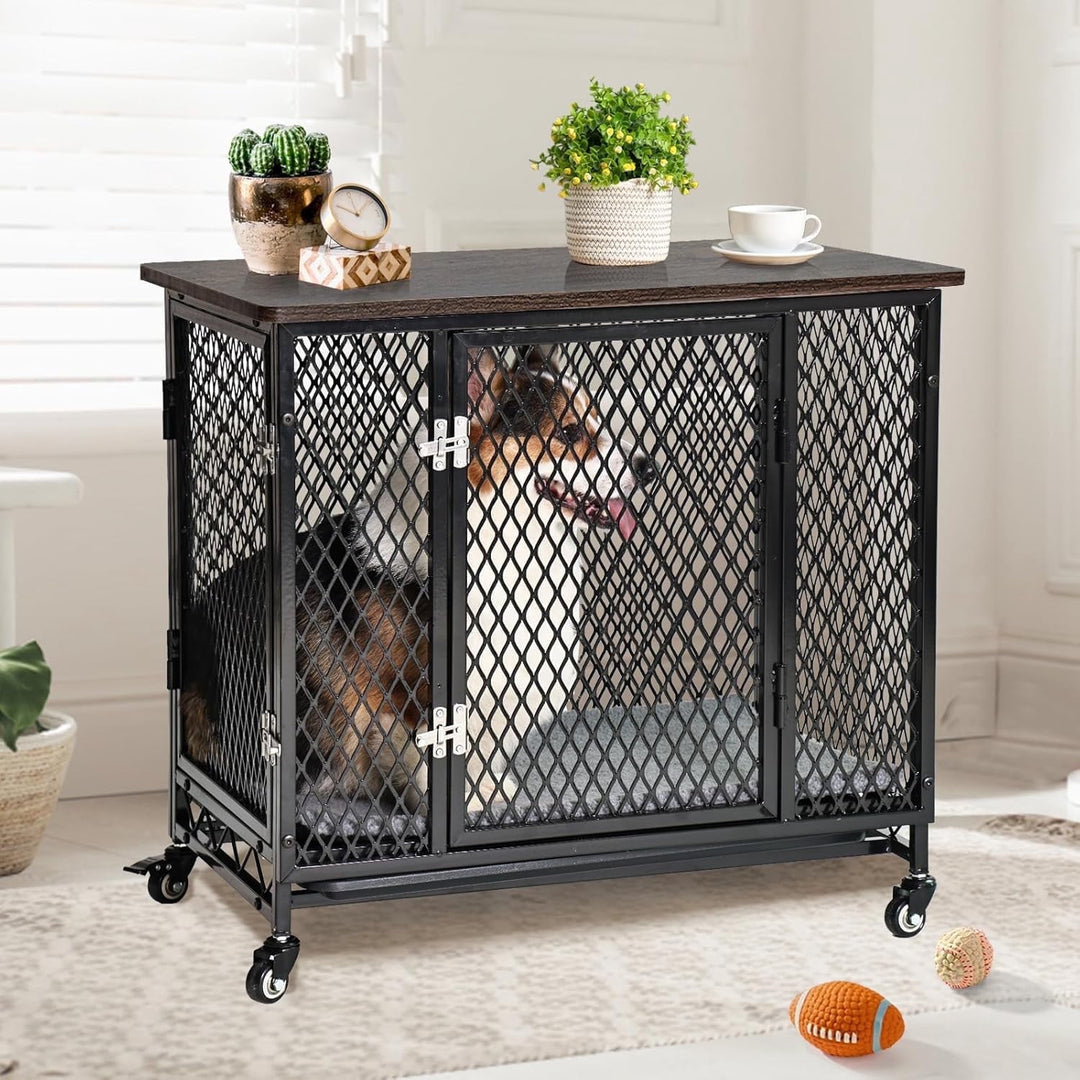 MEDEHOO Indoor Dog Crate Furniture, Movable Dog Kennel Side End Table with Wheels for Small Medium Large Dogs with Cushion, Tray, Wire, Rustic Brown(M) AIR78-A11-WM