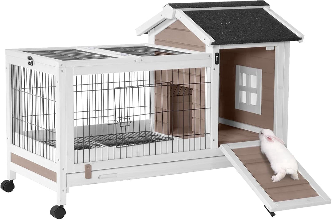 MEDEHOO Rabbit Hutch Indoor Bunny Cage Outdoor Bunny House with Wire Floor Leakproof Plastic Tray, Brown