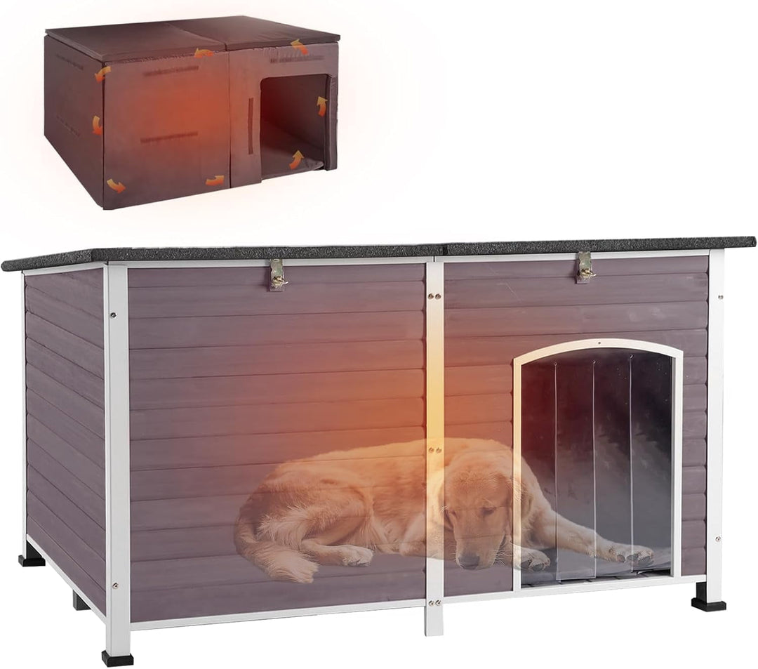 MEDEHOO Outdoor Dog House 59" Extra Large Insulated Dog Kennel with Insulation Liner for Winter,All-Around Iron Frame AIR64-IN-WM