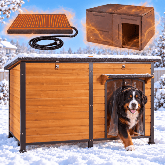 MEDEHOO 59.1" Extra Large Heated Dog House with 6-Side Insulation &amp; Heavy Duty Steel Frame Weatherproof for Winter Outdoor, Brown AIR63-IN-WM