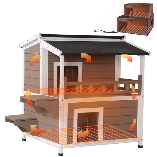 MEDEHOO Heated Outdoor Cat House for Outside Insulated Feral Cat Shelter Weatherproof with Heated and Insulated Liner 2 Story, Brown