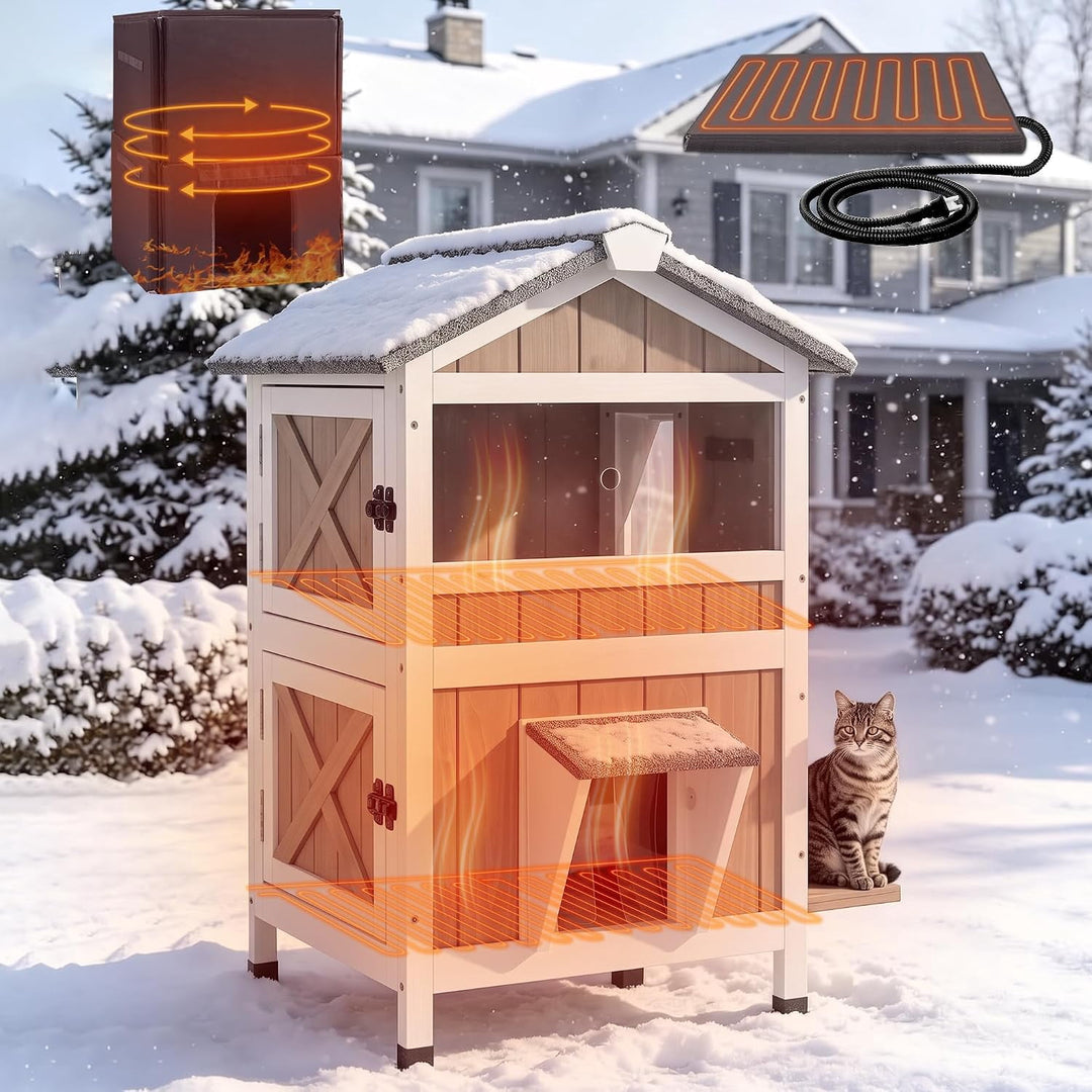 MEDEHOO Heated Outdoor Cat House for Outside, 2-Level Insulated Cat Shelter, Weatherproof Feral Cat House for Winter, White &amp; Brown