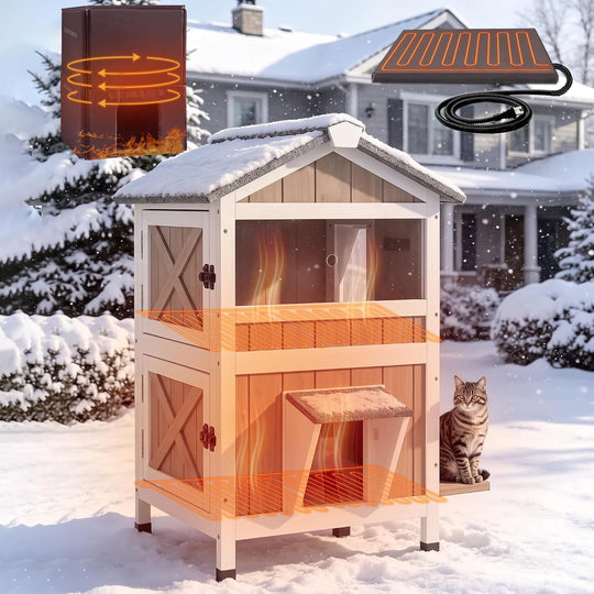 MEDEHOO Heated Outdoor Cat House for Outside, 2-Level Insulated Cat Shelter, Weatherproof Feral Cat House for Winter, White &amp; Brown