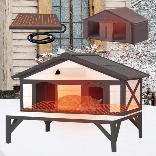 MEDEHOO Heated Cat House for Outside, Outdoor Cat House Weatherproof Insulated Feral Cat Shelter with Anti-Chewing Electric Heating Pad, Elevated Base &amp; DIY Nameplate, 43.5" L(Black and White) AIR92-B-HP-AD-WM