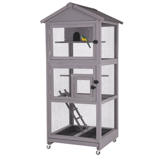 MEDEHOO 71'' Large Wooden Birdcages with Stand, Movable Aviary Flight Cage for Parakeets, Cockatiel, Parrot, Finch, Canary