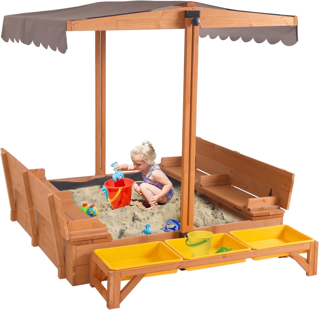 MEDEHOO Kids Sand Boxes with Lid and Canopy, Outdoor Sandboxes with Cover, Foldable Bench Seats, Retractable Roof, Sand Table for Kids Ages 4-8 (Brown with Toy Bins)