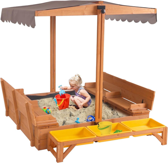 MEDEHOO Kids Sand Boxes with Lid and Canopy, Outdoor Sandboxes with Cover, Foldable Bench Seats, Retractable Roof, Sand Table for Kids Ages 4-8 (Brown with Toy Bins)