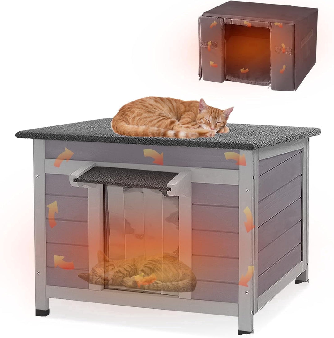 MEDEHOO 24" Heated Outdoor Cat House, Insulated Feral Cat Shelter for Extreme Cold Winter with Safe Electric Heat Mat &amp; 6-Side Thermal Liner, Light Brown AIR12-WB-HP-WL2