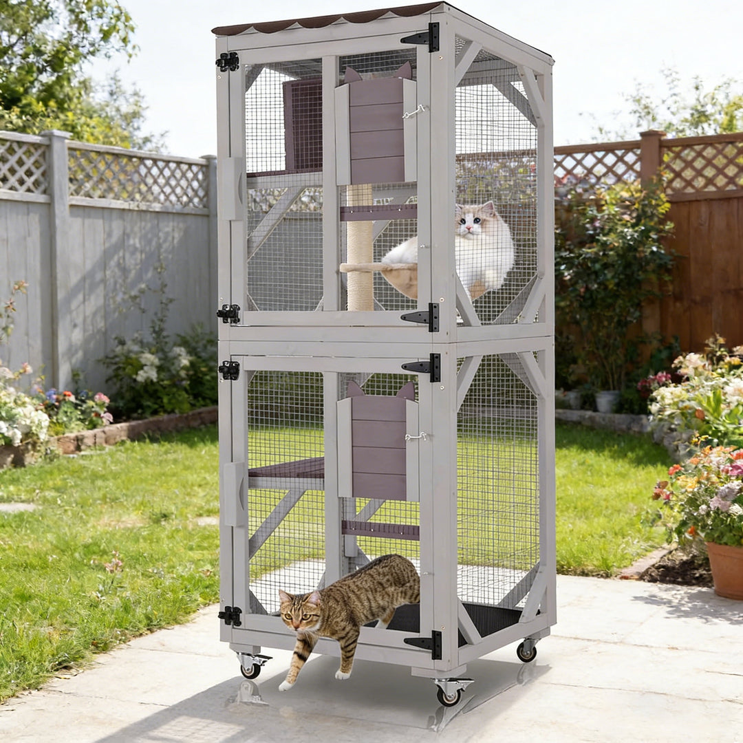 MEDEHOO Catio Outdoor Cat Enclosure - 62.5" Large Walk in Cat Cage on Wheels, Multi-Level Kitty House with Cat Scratching Post, PVC Layer, and Waterproof Roof Gray AIR22-M-MAD-WM