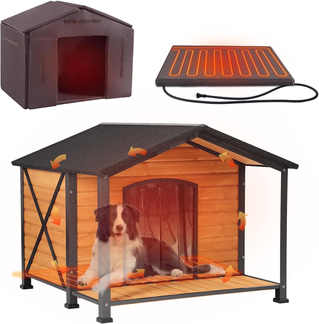 MEDEHOO Heated Outdoor Dog House - Weatherproof Insulated Wooden Shelter with Iron Frame, Large Porch for Medium &amp; Large Dogs, Indoor/Outdoor Kennel(XL)