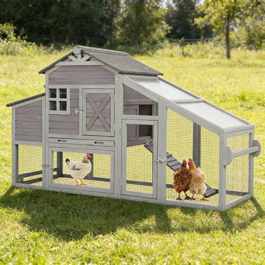 MEDEHOO Wooden Chicken Coop for 4 Chickens Mobile Chicken House on Wheels Expandable Poultry Cage with Large Nesting Box and Pull-Out Tray Grey