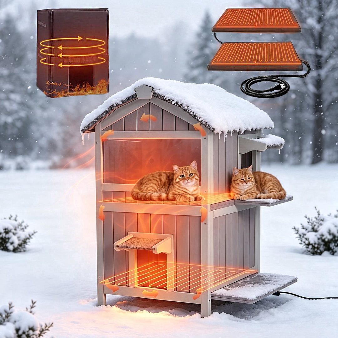 MEDEHOO Heated Outdoor Cat House for Outside Weatherproof Feral Cat Shelter for Winter with Heater and Insulated Liner Two Story