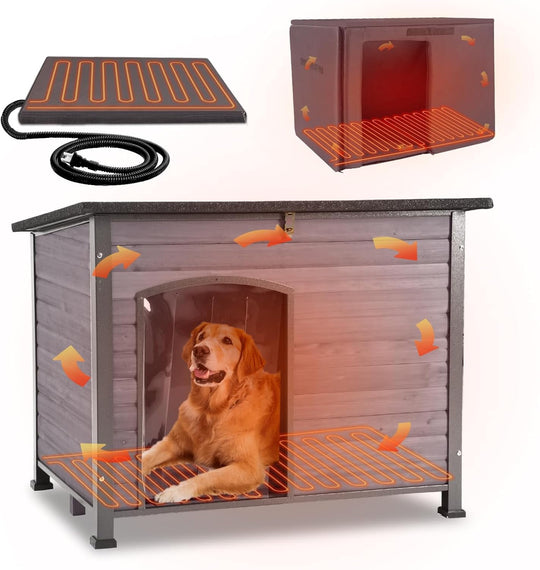 MEDEHOO Heated Outdoor Dog House with Heating Pad &amp; Insulated Liner, Winter Weatherproof Anti-Chewing Dog Kennel, Iron