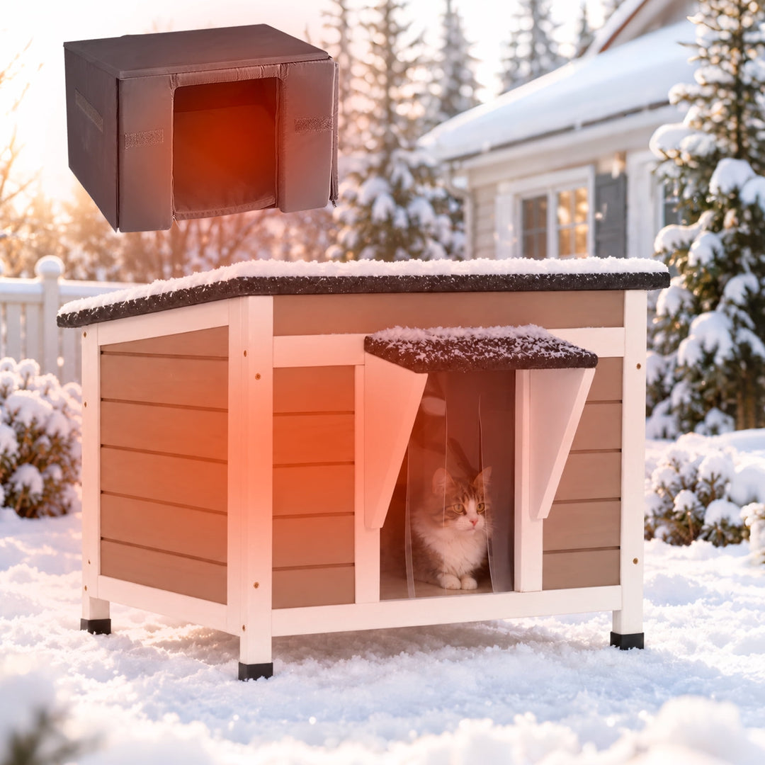 MEDEHOO Insulated Outdoor Cat House, Weatherproof Feral Cat Shelter for Winter with 6-Side Thermal Liner, Elevated Wooden Kitty Kennel for Backyard, Light Brown AIR12-WB-IN-GE-WM2
