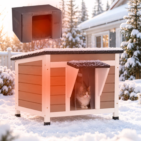 MEDEHOO Insulated Outdoor Cat House, Weatherproof Feral Cat Shelter for Winter with 6-Side Thermal Liner, Elevated Wooden Kitty Kennel for Backyard, Light Brown AIR12-WB-IN-GE-WM2