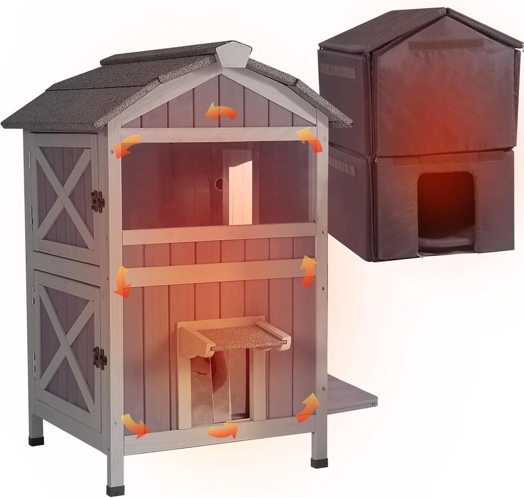 MEDEHOO Insulated Outdoor Cat House for Winter Feral Cat Shelter Weatherproof 2-Story AIR94-IN-N