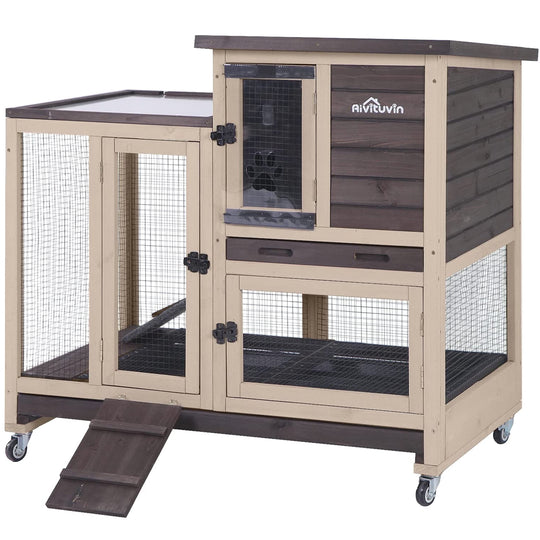 MEDEHOO Wooden Rabbit Hutch with Two Slide Tray Outdoor Bunny Cage Indoor Guinea Pig Habitat - Coffee