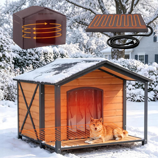 MEDEHOO Extra Large Heated Dog House Outside with Full Iron Frame and Covered Porch Reinforced Outdoor Dog Kennel with Asphlat Roof PVC curtain for Medium to Large Breed AIR89-IN-HP-AD-4-WM