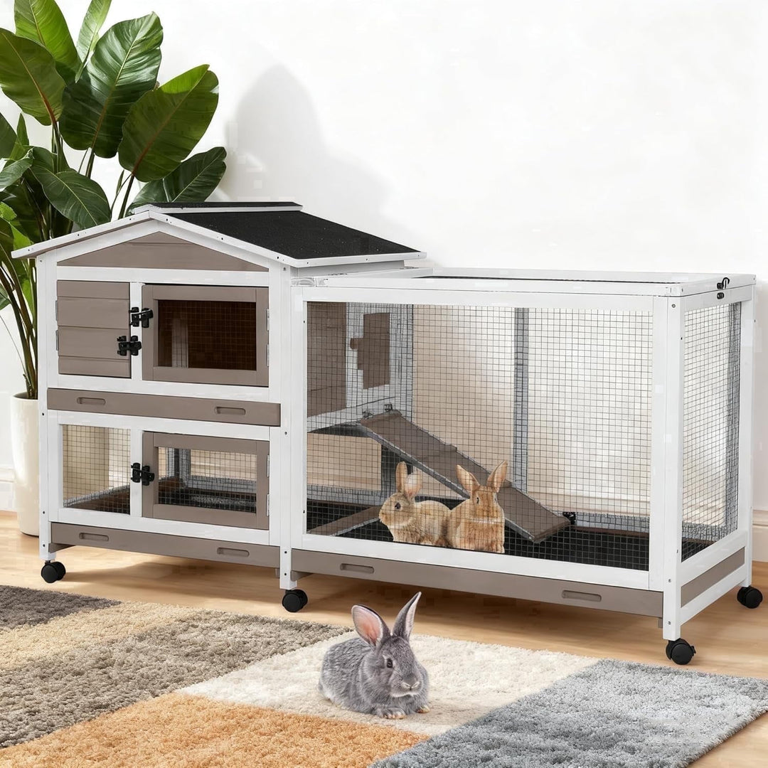 MEDEHOO Rabbit Hutch with Chew-Proof Ramp - 62" Large Bunny Cage for Indoor/Outdoor, 2-Story Design Guinea Pig Cages with 6 Lockable Wheels &amp; 3 Leak-Proof Trays (Brown) MEDE-AIR19-B-MA-WM