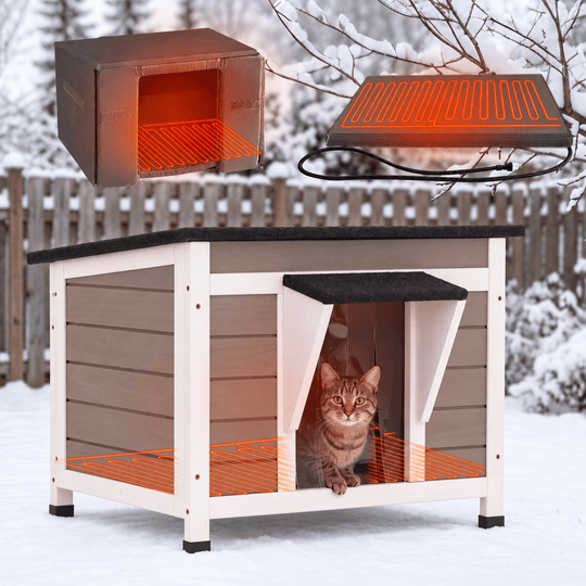 MEDEHOO Heated Outdoor Cat House for Winter, 23.6" Insulated Wooden Feral Cat Shelter with Thermostatic Heating Pad, Raised Feet and Door Curtain AIR12-WB-HP-GE-WM