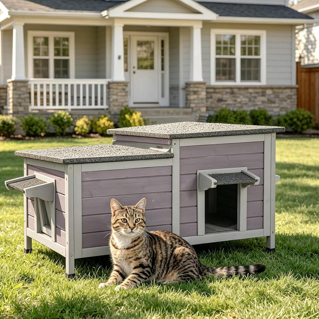 MEDEHOO 39.1" Cat House Outdoor Feral Cat Shelter Weatherproof Cat Condo for Winter 2 Rooms