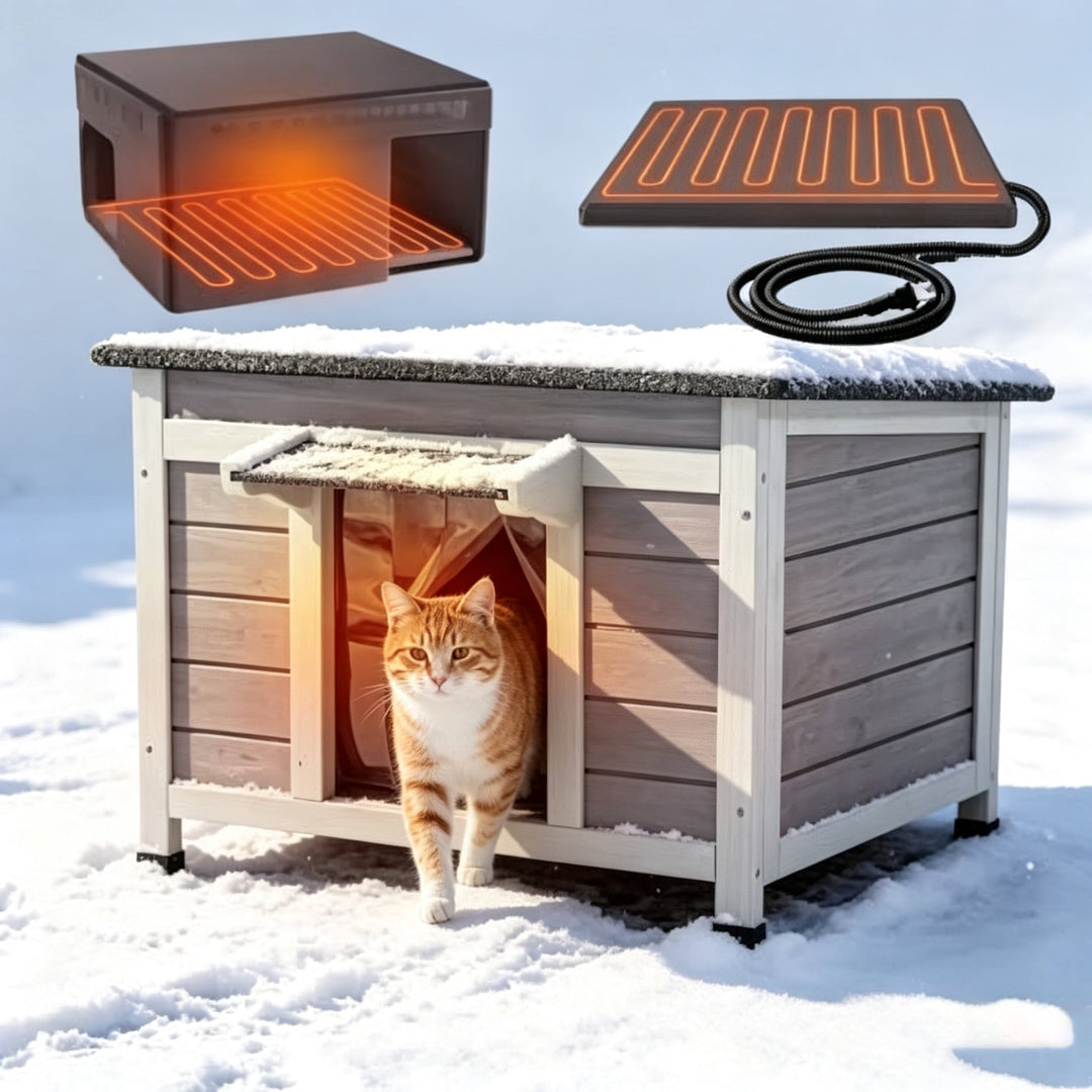 MEDEHOO Heated Outdoor Cat House with Heater and Insulated Liner Weatherproof Insulated Feral Cat Shelter for Winter