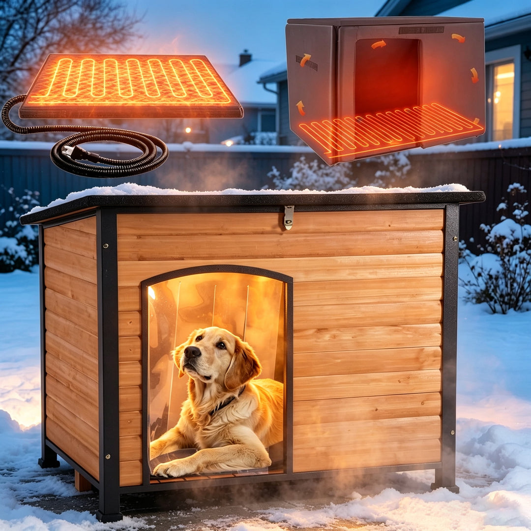 MEDEHOO Heated Outdoor Dog House with Insulated Liner for Medium Breeds Weatherproof Wooden Dog Kennel with Openable Asphalt Roof, Chew-Proof Metal Frame Brown