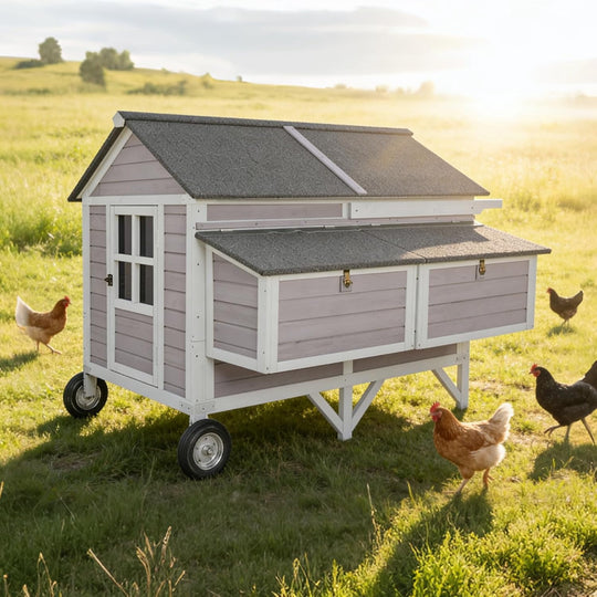 MEDEHOO 68.1" Extra Large Chicken Coop with Super Large Wheels, Mobile Hen House Poultry Cage with Strong Iron Frame, Outdoor Chicken House with 4 Nesting Boxes, 4 Perches for 6-8 Chickens MEDE-AIR97-MA-WM