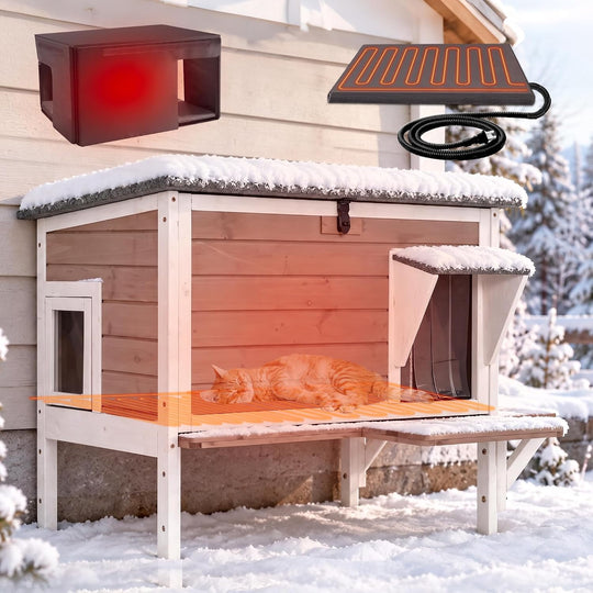 MEDEHOO  Heated Cat House with Insulated Liner, Large Feral Cat Shelter for Winter, Weatherproof Cat Condos for Outdoor Indoor Kitty Shelter, Light Brown AIR91-B-HP-PA-WM2