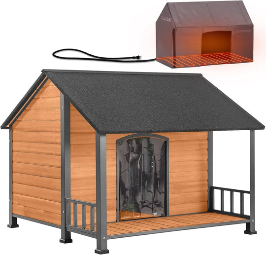 MEDEHOO Heated Outdoor Dog House for Winter, Large Wooden Dog Kennel with Heated Pad, Insulated Liner, Metal Frame, Waterproof Roof, Raised Base and Porch for Medium to Large Dogs