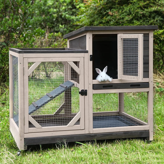 BUTINGLALE Indoor Outdoor Rabbit Hutch, Bunny Cage on Wheels with 2 Deep No Leakage Pull Out Trays (Without Bottom Wire Mesh-Coffee) XZ7001-2