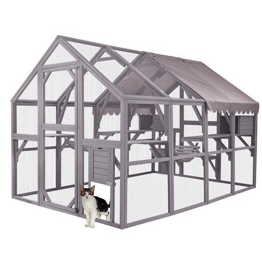 MEDEHOO 110'' Extra Large Catio Outdoor Cat Enclosure, Walk-in Wooden Cat Cage with Bridges, Platforms, Rest Rooms, Roof Cover AIR52-WM