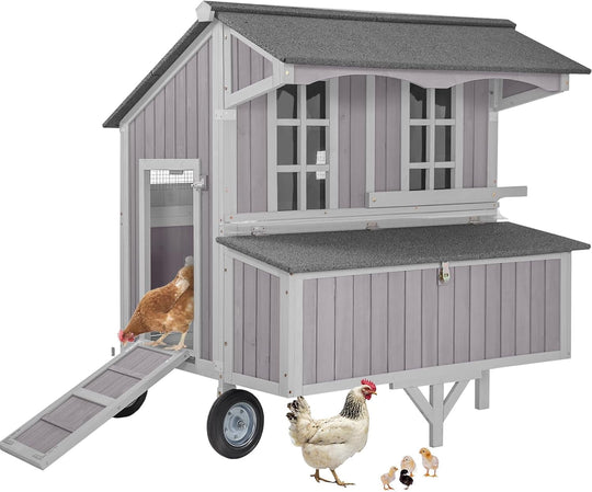 MEDEHOO Chicken Coop with Wheels Mobile Chicken House Outdoor Hen Coop with Large Nesting Box, Movable AIR96-J-WM