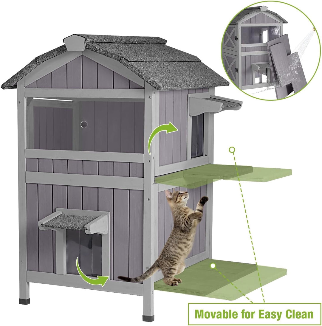 MEDEHOO 2 Story Outdoor Cat House Weatherproof Outside Feral Cat Shelter AIR94-M-PA-WM2