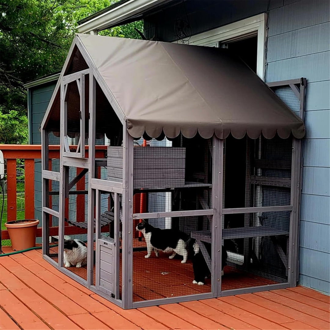 MEDEHOO Extra Large Catio Outdoor Cat Enclosure Window Design for 6-10 Cats, Large Cat Run with Bridges, Walk-in Patio Cat House with 4 Access Doors, Waterproof Roof, 74 Inch