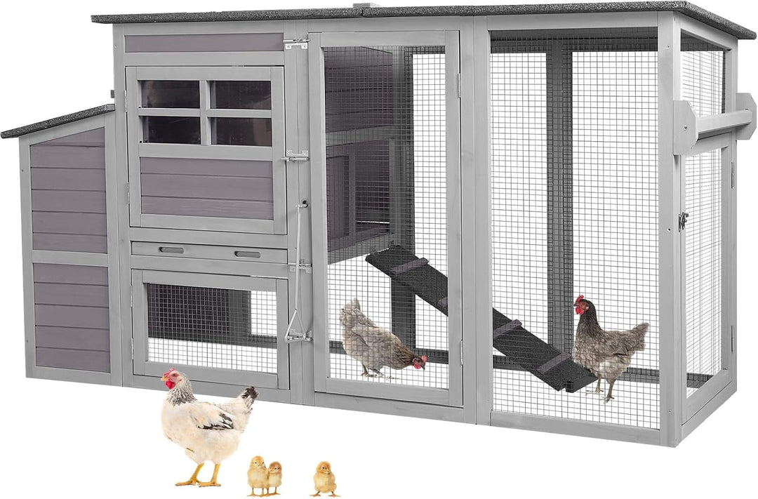 MEDEHOO Chicken Coop Extension Run, 78.4" L Large Outdoor Chicken House with Wheels, Wooden Poultry Cage with Nesting Box, Leakproof Tray, and Waterproof Roof AIR31-MA-WM