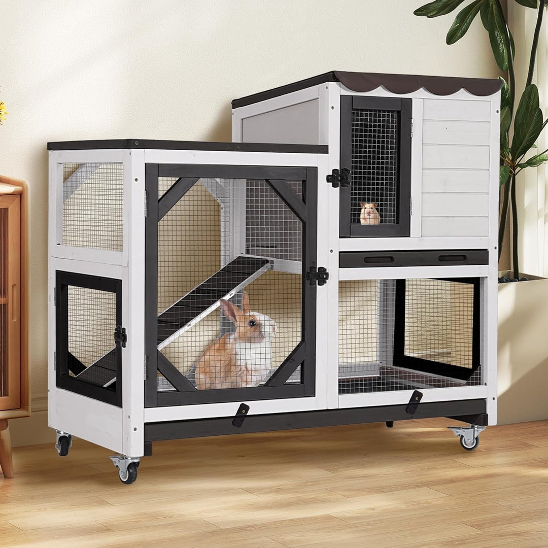 MEDEHOO Rabbit Hutch 2-Story Wooden Bunny Cage with 2 Leak-Proof Trays, Chew-Proof Metal Mesh Indoor &amp; Outdoor Guinea Pig House with Wheels - Black AIR7013-BW-AD-WM