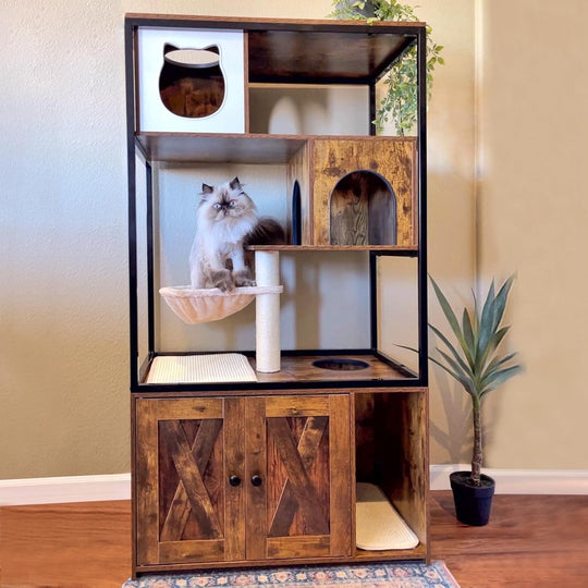 MEDEHOO Cat Litter Box Furniture Enclosure 4 Levels Cat Tree Hidden Cabinet with Storage and Scratch,4 Tiers AIR102-J-WM