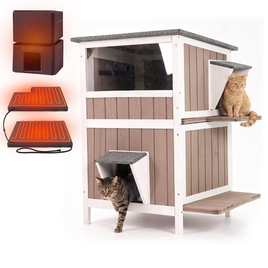 MEDEHOO 2-Story Heated Cat House Large Outdoor Insulated Cat House Weatherproof Feral Cat Shelter with Heated Pad, Insulated All-Round Thermal Liner for 1-4 Cats (Winter-Ready)