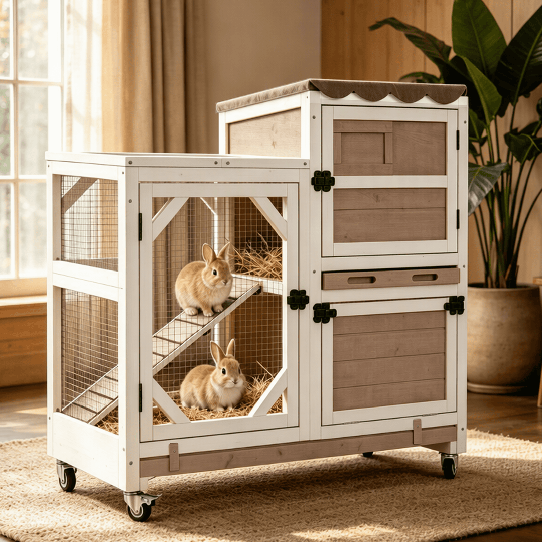 MEDEHOO 2-Story Rabbit Hutch with Wheels, 39.3-Inch Indoor/Outdoor Wooden Bunny Cage with 2 Pull-Out Trays, Gray AIR7013-WFS-GE
