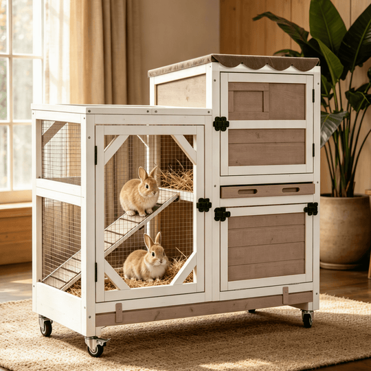 MEDEHOO 2-Story Rabbit Hutch with Wheels, 39.3-Inch Indoor/Outdoor Wooden Bunny Cage with 2 Pull-Out Trays, Gray AIR7013-WFS-GE