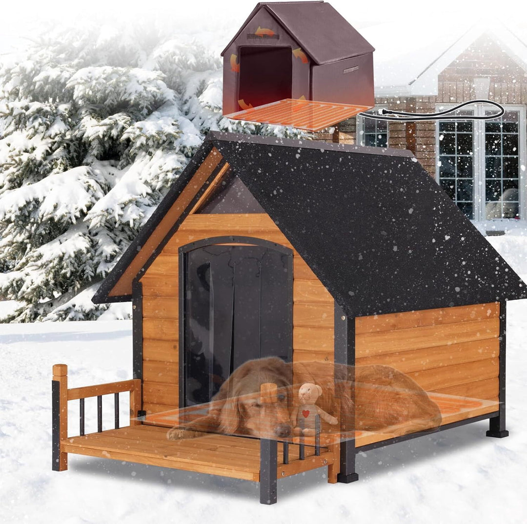 MEDEHOO Insulated Dog House with Heating Pad, Weatherproof Outdoor Kennel for Large Dogs, Chew-Resistant Iron Frame &amp; Asphalt Roof XLarge AIR80-L-HP-A12-WM