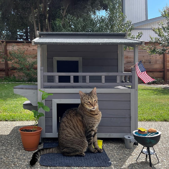 BUTINGLALE utdoor Feral Cat House, Wood Cat Shelter with Escape Door, Rainproof Outside Kitty House with Balcony AIR33-U