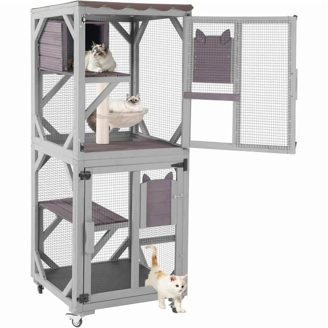 MEDEHOO Catio Outdoor Cat Enclosure on Wheels, Outdoor Cat House with Resting Box, PVC Layer, Waterproof Roof, 62.5" AIR22-M-L-WM