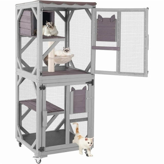MEDEHOO Catio Outdoor Cat Enclosure on Wheels, Outdoor Cat House with Resting Box, PVC Layer, Waterproof Roof, 62.5" AIR22-M-L-WM