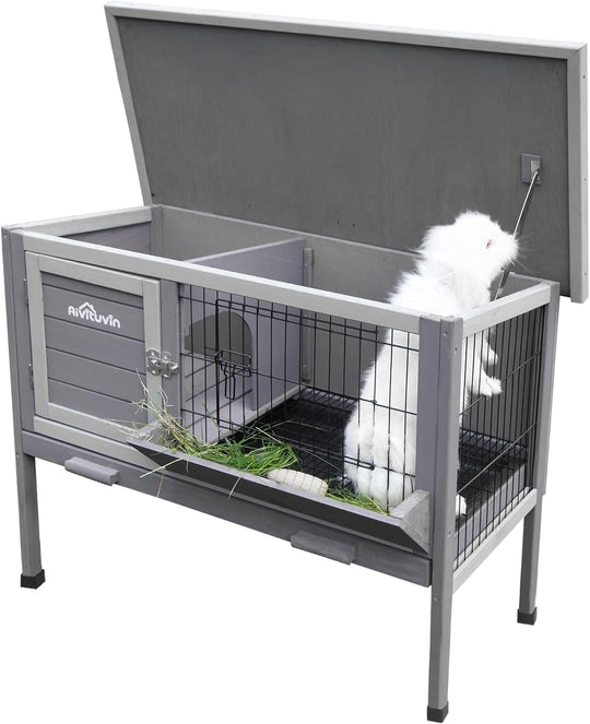 MEDEHOO Rabbit Hutch, Wooden Bunny Cages Indoor with Deeper Leakproof Tray - Upgrade with Metal Wire Pan (Grey, Rabbit Hutch #001-B) Large AIR001-B-WM