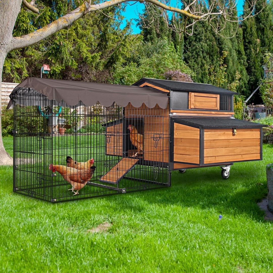 MEDEHOO Mobile Chicken Coop with All-Around Metal Frame, 76.7" Large Chicken Coops with Super Large Wheels, Outdoor Poultry Cage Hen House with Metal Run for 6-8 Chickens