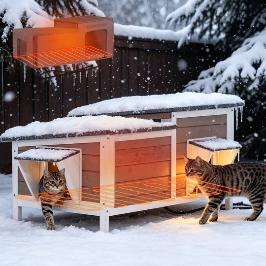 MEDEHOO 39.1"L Heated Cat House with Insulated Liner Outdoor Cat House with Anti-Bite Cable Weatherproof Cat Shelter with Heater Feral Cat House Brown