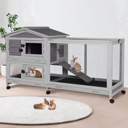 MEDEHOO 2-Story Indoor Rabbit Hutch with Chew-Proof Outdoor Rabbit Cage with 6 Locking Casters Bunny Cage 2 Pull-Out Trays Guinea Pigs Cage 62" Gray