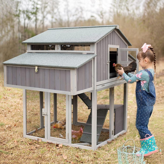 MEDEHOO Folding Large Chicken Coop Chicken House for Outdoor, Poultry House with Two Nesting Box, Leakproof Pull-Out Tray &amp; UV-Resistant Roof Panel AIR66-N-WM2